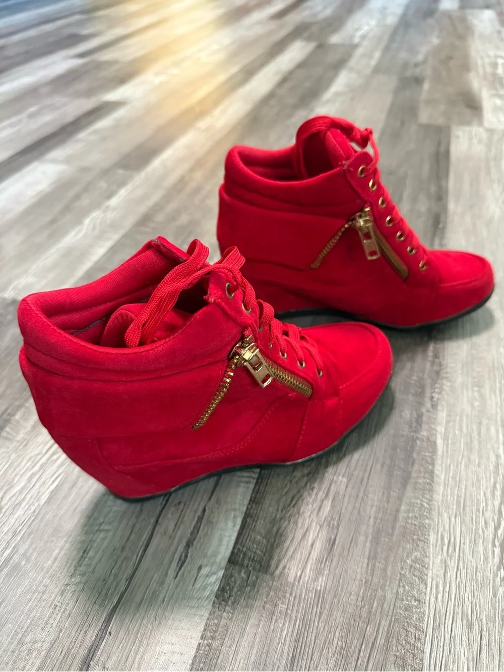 Red Wedge Sneaker Boots with Gold Zipper - Picture 2 of 10